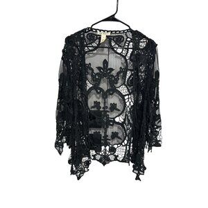 Indigo Thread Co Sheer Lace Kimono Cardigan Black Sz 1X/2X Mesh Witchy Boho